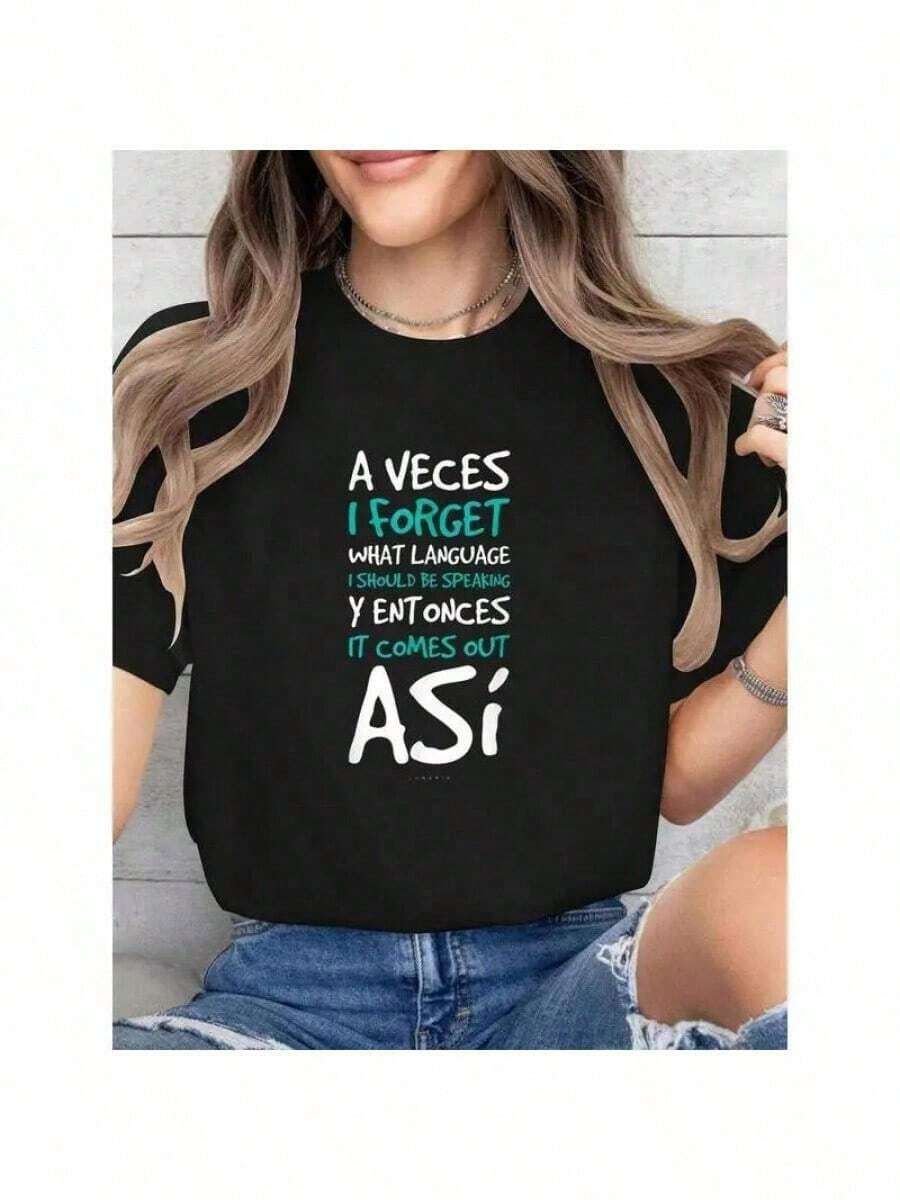 1 Piece Women's Funny Spanish Quote T-Shirt - 'Sometimes I Forget What The Language Is' Crew Neck Short Sleeve 100% Cotton Printed T-Shirt 2026 New Style Holiday Clothes For Women Summer Clothes For Women Concert Clothes Country Style Concert Clothes 180g 100% Soft Cotton - 黑色 - 查看 1
