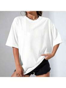 Soft 100% Cotton T-Shirt, Plus Size Casual T-Shirt, Black Rainbow Curly Hair Print, Women's Pure Cotton Round Neck T-Shirt, Machine Washable Without Deformation, Casual And Sweet Style, Super Versatile For Everyday Wear, Suitable For Holiday Outfits, Soft And Comfortable To Wear, Breathable Cotton T-Shirt, Matches Everything. - 白色 - 查看 2