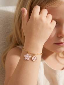1 chiếc vòng tay đính hạt hình hoa và chữ cái thời trang, có thể tùy chỉnh tên, phù hợp cho trẻ em, đi biển, đeo hàng ngày. - Hồng - Xem 2