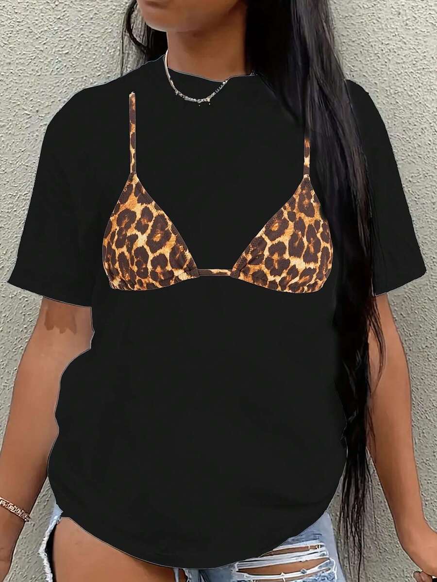 Camiseta de Diseño de Lencería con Estampado de Leopardo Azul Claro para Mujer - Corte Holgado Casual, Cuello Redondo, Manga Corta, Transpirable, Camisa Versátil para Todas las Temporadas, Ideal para Atuendos Casuales, Fiestas y Deportes.| Estilo Deportivo y Femenino, Tela Duradera y de Fácil Cuidado, Camiseta Y2k - Negro - Ver 1