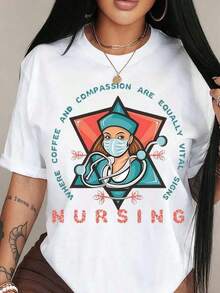 Camiseta con estampado gráfico de enfermería para el Día de las Enfermeras: "El café y la compasión son signos vitales iguales". Camiseta informal de manga corta con cuello redondo, estampada a la moda, de tela suave y cómoda, adecuada para el personal médico, ideal para uniformes de trabajo o ropa de uso diario en casa. - Blanco - Ver 6