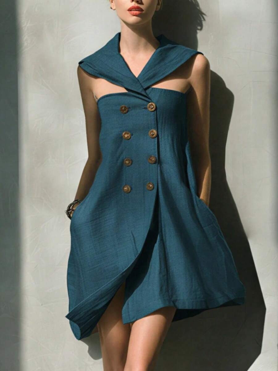 Vestido corto de moda para mujer, cuello de capa con calados, doble de botones, bolsillos, diseño favorecedor, perfecto para looks casuales, de día y de oficina - Azul - Ver 1