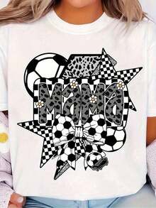 Soft And Comfortable Korean Style T-Shirt, Casual Wear, 1 Piece Black Short Sleeve Crew Neck T-Shirt With Soccer Check Design, 'MAMA' Print And Soccer Ball Decoration, Perfect For Casual Match Days And Daily Wear, Sports Jersey And Comfortable Outfit, 100% Breathable Cotton - 白色 - 查看 12