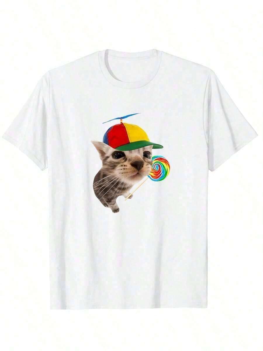 Women's Custom Soft Cotton T-Shirt, Funny Cat With Lollipop Print Tee, Unisex Graphic Tees, 100% Cotton Women's T-Shirt, Crew Neck, Short Sleeve, For Graduation Season | Class Of 2026 - Unisex Vintage Urban Style Cotton T-Shirt, Short Sleeve And Crew Neck - 白色 - 查看 1