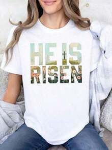 Personalized Soft Cotton T-Shirt For Women, "He Is Risen" T-Shirts, Floral Easter Cross T-Shirt, Bible Quote Gift, Unisex Graphic Tees, Funny T-Shirt - 100% Cotton Short Sleeve Crew Neck T-Shirt For Women, For Graduation Season | Class Of 2026 - Unisex Vintage Urban Style Cotton Short Sleeve Crew Neck T-Shirt - 白色 - 查看 6