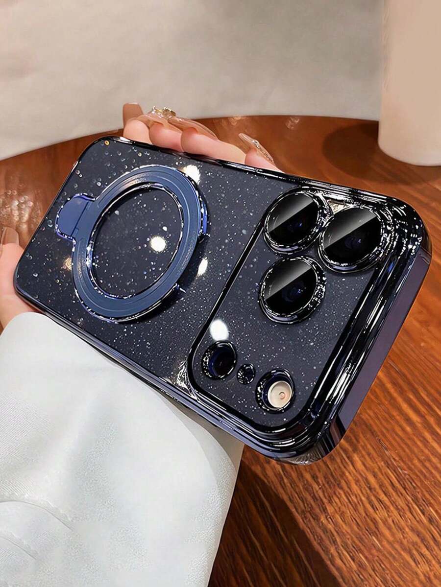 1个奢华亮片电镀PC支架透明手机壳，兼容 17 Pro Max 17 Pro 17 16 15 14 13 12 11 Pro Max，防震硬质后盖 - 深藍 - 查看 1