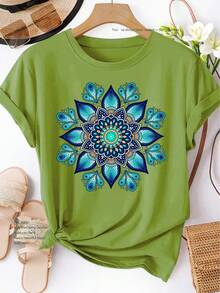 Camiseta de Manga Corta para Mujer, Estilo , Estampado Mandala Azul-Verde, Primavera Verano Otoño, Elegante, Versátil, Casual, Deportiva, Cuello Redondo, Suave y Cómoda, Tallas S-XXL, Novedad 2026 - 100% Algodón Transpirable - Verde - Ver 1