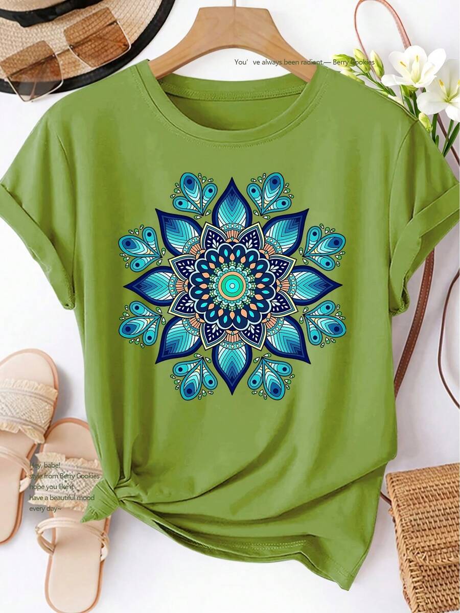 Camiseta de Manga Corta para Mujer, Estilo , Estampado Mandala Azul-Verde, Primavera Verano Otoño, Elegante, Versátil, Casual, Deportiva, Cuello Redondo, Suave y Cómoda, Tallas S-XXL, Novedad 2026 - 100% Algodón Transpirable - Verde - Ver 1