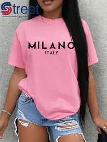 Camiseta con estampado de la ciudad italiana MILÁNO, estilo retro sencillo, ropa de recuerdo de viaje, camiseta casual para mujer, ropa de mujer, ropa de verano, camiseta ligera de manga corta, holgada, sencilla y elegante, moderna y versátil. - Rojo - Ver 7