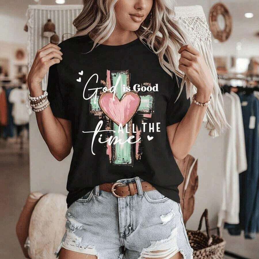 Women's Casual Short Sleeve Crew Neck T-Shirt With Heart And Cross Graphic Print, "God Is Good All The Time", White - 黑色 - 查看 1