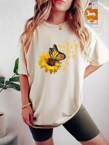 Tops de Mujer, Atuendo para el Día de la Madre, Camiseta de Mujer con Estampado Floral de Mariposas - 100% Poliéster, Cuello Redondo Casual, Ligeramente Elástica, Tejido de Punto Adecuado para Todas las Temporadas. Ropa de Mujer, Camiseta de Algodón Transpirable, Envío Gratis, Combina con Todo - Albaricoque - Ver 6