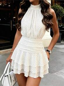 Vestido elegante y romántico de cuello halter, cintura ajustada, vestido corto con volantes plisados en albaricoque y blanco, nuevo vestido de primavera/verano, vestido para cita de San Valentín, vestido casual de vacaciones, vestido románt - Blanco - Ver 5
