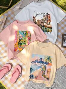 1 pieza/Set de camiseta de manga corta con cuello redondo y estampado de paisaje, nueva colección de verano, casual, moderna y versátil para uso diario de mujeres. - Albaricoque - Ver 8