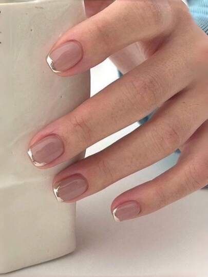 Get Quiet Luxury Vibe 24Pcs Short Square Nude Press On Nails Kit, Elegant Silver French Tip Glossy Fake Nails Set With 1pc Jelly Glue & 1pc Mini File, Easy Apply & Remove Natural False Nails For Women Office & Wedding