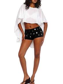 Top corto tipo capa de gasa marrón transparente para mujer, silueta drapeada, chal, ideal para fiestas nocturnas. - Blanco - Ver 3