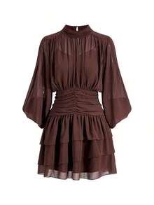 Vestido romántico con mangas de murciélago y dobladillo con volantes, adecuado para citas - Marrón Chocolate - Ver 3
