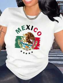 Women's Short Sleeve T-Shirt With Mexican Flag Print, Casual Summer Sports Top, Comfortable Knit Fabric, Polyester, Round Neck, Elastic, Patriotic Design, Fashionable T-Shirt For Ladies - Ideal For Summer, Women's Oversized Vintage Graphic Cotton T-Shirt - 白色的 - 查看 2