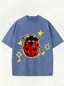Washed Blue Unisex Tee, Star & Ladybug Print, Vintage Distressed Style, Premium Fabric, Summer Graphic Top, Ideal For Daily Wear & Holiday Gifts - 藍色 - 查看 14