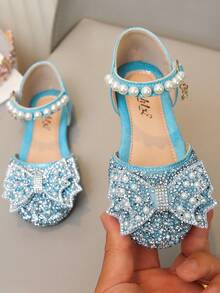 1 Pair Fashion Girls' Princess Shoes, Summer New Design With Bow Buckle, Closed Toe And Rhinestone Decor, Suitable For Outdoor Activities, Parties And Various Occasions - Blue - View 2