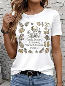 Camisetas de manga corta para mujer en blanco y negro son adecuadas para el ocio diario, el hogar y los viajes al aire libre. Camiseta divertida de Halloween con diseño de esqueleto, piedra, papel, tijeras y golpe en la garganta, "Yo gano". Camiseta casual con estampado gráfico para mujer, ideal como regalo para fiestas. - Blanco - Ver 7