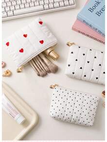 Korean Ins Heart-Shaped Polka Dot Quilted Coin Purse, Multifunctional, Lightweight For Going Out, Lipstick Bag, Key And ID Card Holder - 紅色愛心 - 查看 6