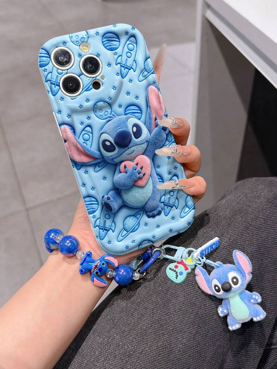 Disney Has Authorized, Phone Case - Chain Set, The Stitch Lilo & Stitch 3D Phone Case Plus A Silicone 3D Stitch Bracelet With Metallic Ring Removable Bracelet, Stitch And Angel Pattern, Compatible With Iphone17/16/15/14/13/12/11/XS/XR/X Plus Pro Max, A Stylish Cartoon Phone Case, The Perfect Gift Choice, Phone Protection, Durable Phone Cover, Great Gift For Friends And Family. - 白色 - 查看 1