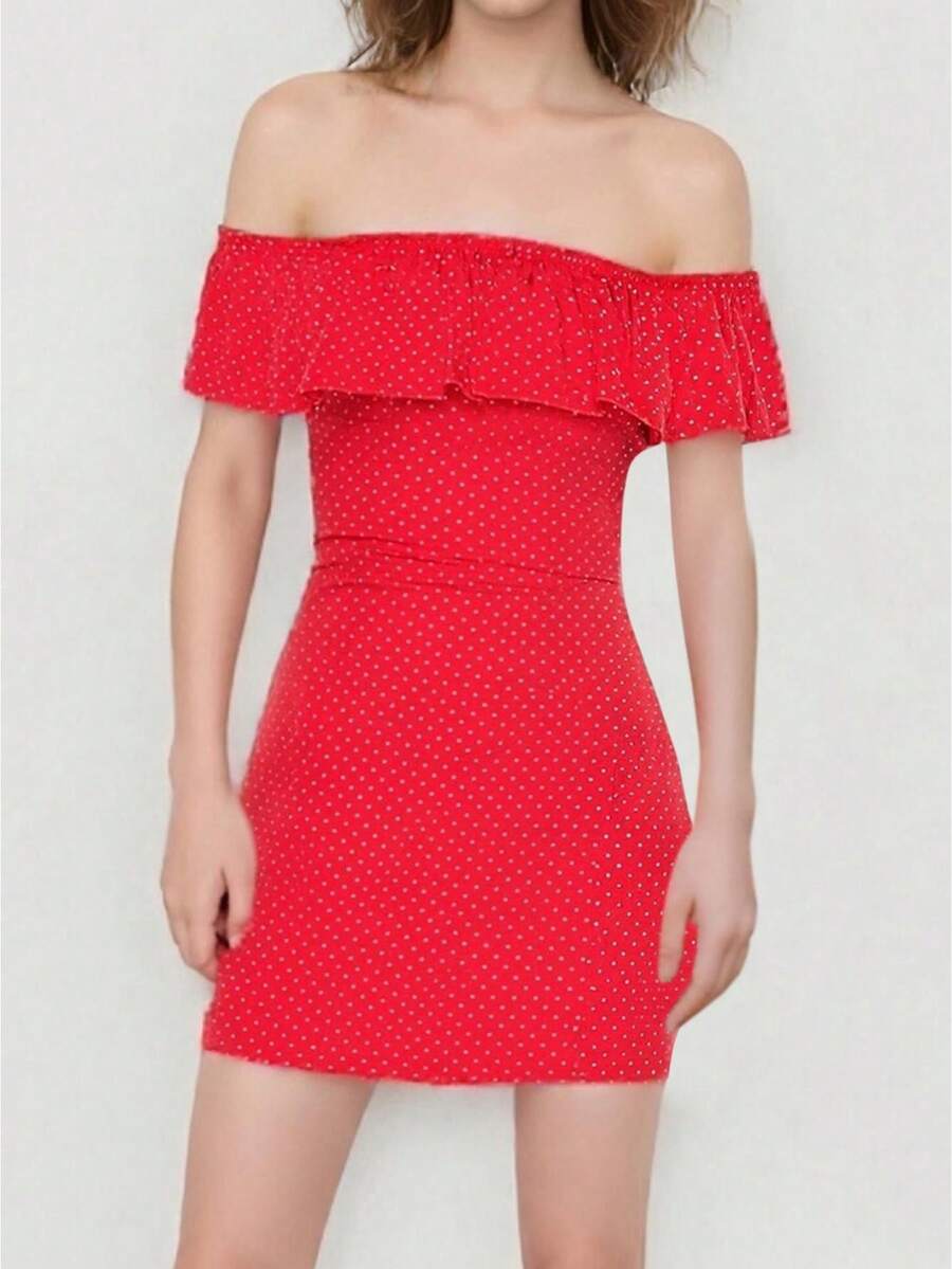 Women's Off Shoulder Dress Ruffle Sleeveless Dots Print Slim Fit Mini Dress For Party Club Dating - Red - View 1
