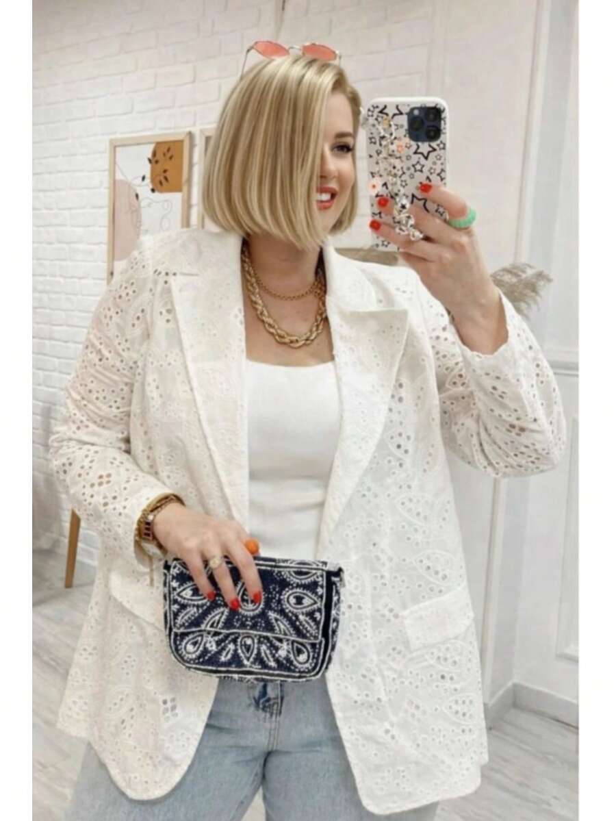 White Broderie Anglaise Blazer Jacket For Curvy Fit - White - View 1