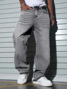 Jeans de pierna ancha de estilo urbano para hombres - Gris Claro - Ver 4