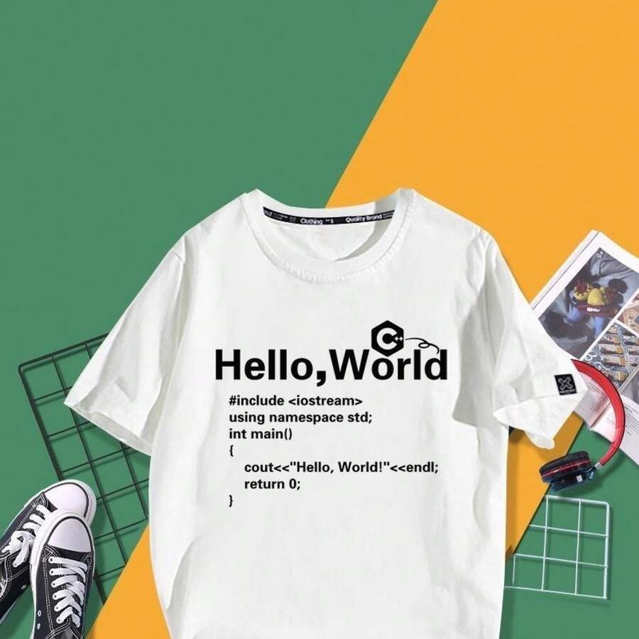 Camiseta de manga corta GEEK Hello World Programmer Ape IT para programadores - Blanco - Ver 1