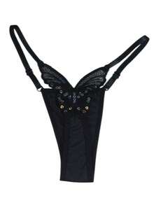Butterfly Panties Kit 2 Microfiber Thong Lingerie Sexy Sensual Adjustable G-String - Negro y rosa neón - Ver 2