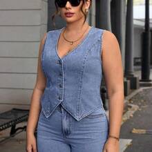 Plus Size Sleeveless Denim Jacket, Simple And Fashionable For Casual Daily Wear - Burdeos - Ver 6