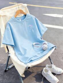 1pc Casual Light Blue Round Neck T-Shirt With Creative Ombre Bow Print Design, Fashionable And Comfortable, A New Summer Wardrobe Option - Baby Blue - View 3