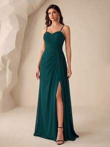 UNITHORSE Vestido de dama de honor de un solo color con abertura alta y tirantes de espagueti para boda - Verde Oscuro - Ver 1