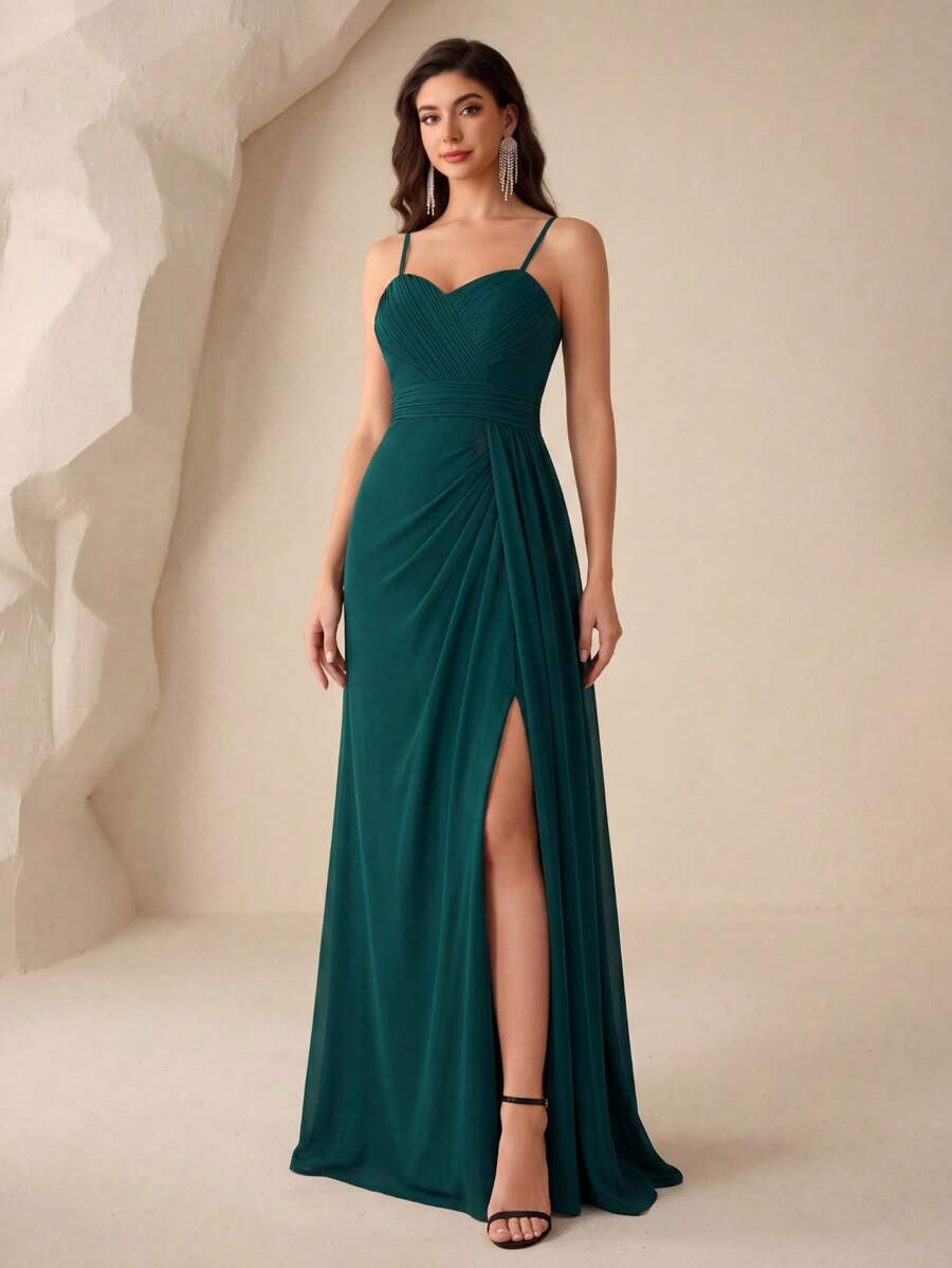 UNITHORSE Vestido de dama de honor de un solo color con abertura alta y tirantes de espagueti para boda - Verde Oscuro - Ver 1