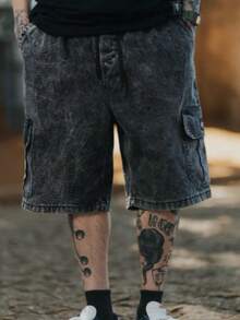 Spring And Summer Men's Cargo Shorts, Stonewashed Denim, Baggy Streetwear, Loose Casual With Large Pockets, Drawstring Waist, Sizes P To GG (S To XL) - Flint Stone - View 2