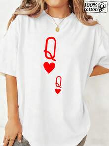 Moda Mujeres Camiseta Blanca Frontal Impresión Reina De Corazones Patrón | Comodo Vestido Casual Para Outfi cotidianos Y Ocio, Toda Tempor Estilo De Dibujo Con Detas Applique - Blanco - Ver 2