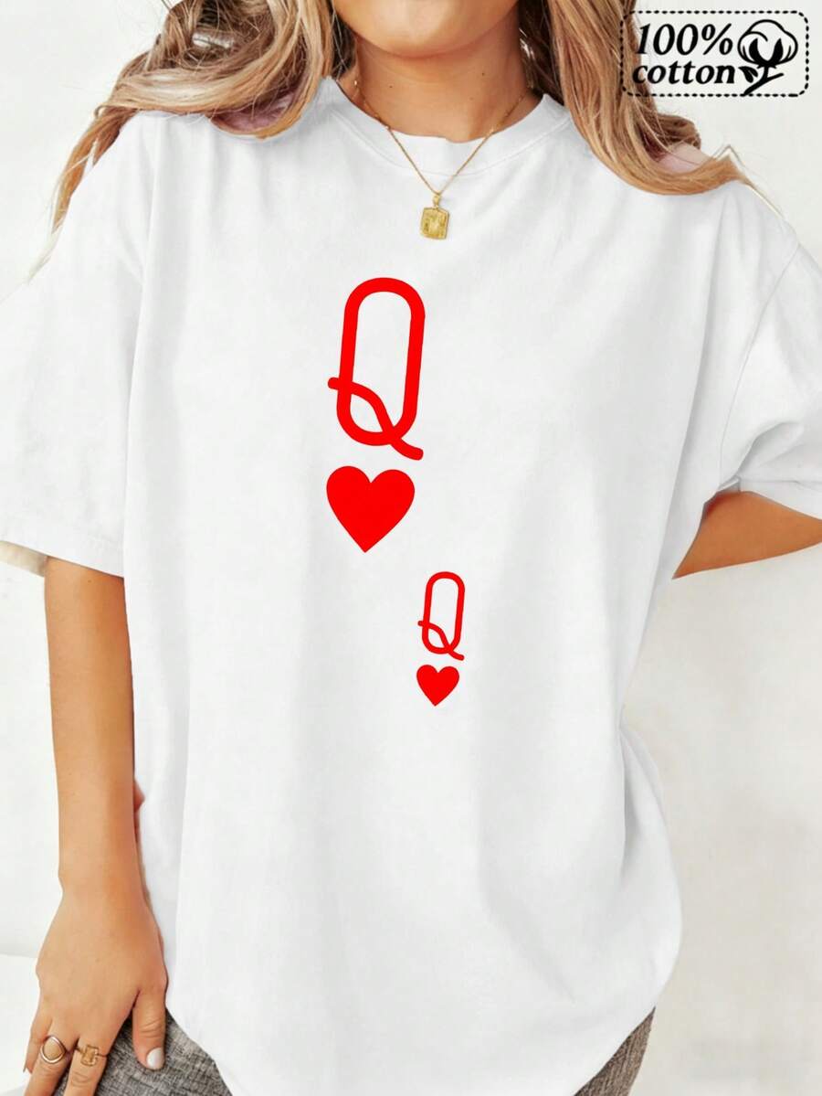 Moda Mujeres Camiseta Blanca Frontal Impresión Reina De Corazones Patrón | Comodo Vestido Casual Para Outfi cotidianos Y Ocio, Toda Tempor Estilo De Dibujo Con Detas Applique