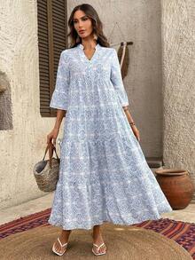 Vestido de vacaciones con mangas acampanadas y volantes en el bajo, unicolor para mujer, atuendos de vacaciones para mujer - Multicolor - Ver 1