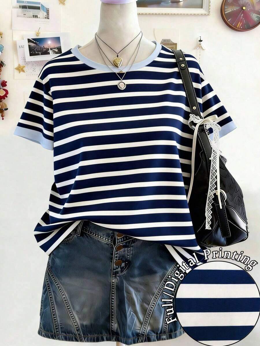 Camiseta de mujer de cuello redondo de manga corta con bloques de color y rayas - Multicolor 8 - Ver 1