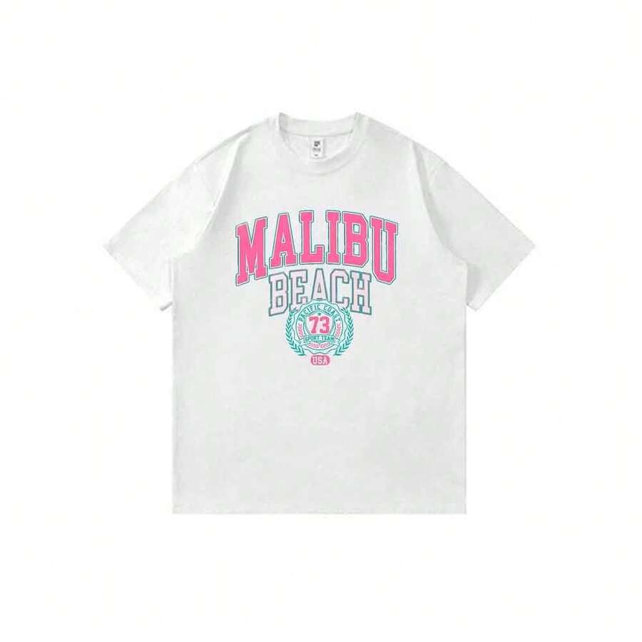 Camiseta unisex de manga corta informal de verano con estampado de dibujos animados de anime "Malibu-Beach-USA-73-Sport-Team-Art" (Equipo Deportivo Y2K) - Blanco - Ver 1
