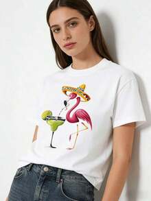 Mother's Day Set: Airlia Fran Women's V-Neck T-Shirt - Tropical Flamingo Print Cocktail Party Top -  White Casual Top - Machine Washable T-Shirt For Everyday Wear, Vacation, Wardrobe, Fun Print, Breathable Fabric, Short Sleeve, Women's Top For Fashion Enthusiasts - 黑色 - 查看 4