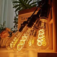 2个/套 复古螺旋LED灯丝灯泡，ST64螺旋型，220V-240V，4W，2300K暖光，可调光，琥珀色/透明玻璃灯泡，E27灯座，适用于节日派对、客厅、餐厅、卧室、台灯、吊灯、室内家居装饰照明，尺寸：2.51英寸 x 5.7英寸 - ST64 Spiral - 查看 6