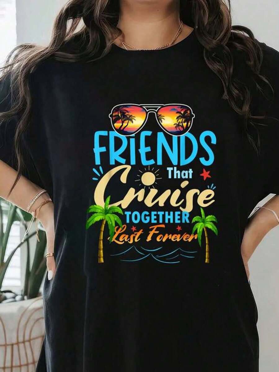 Amigas que crucen juntas por siempre - Camiseta con estampado de cruceros, camiseta de manga corta de cuello redondo casual para verano y primavera, ropa de mujer