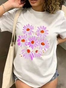 Camiseta Casual de Mujer con Estampado Floral de Margaritas, Cuello Redondo, Manga Corta con Hombros Caídos, Camiseta de Elasticidad Media para Conjuntos de Primavera - Blanco - Ver 6