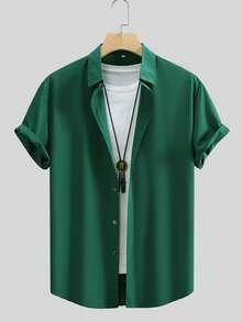 Camisa de manga corta de unicolor casual de negocios para hombres - Verde - Ver 2
