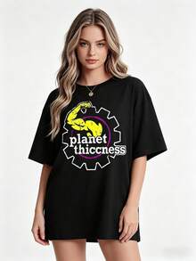 Playera de manga corta mujer Womens Clothes; Camisetas de Verano 1 pieza, Camiseta con Estampado Divertido 'Planet Thiccness Gym  Casual de Cuello Redondo y Manga % Algodón - Negro - Ver 2