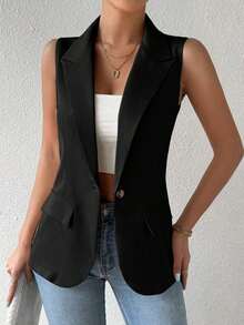 Blazer sin mangas de estilo elegante de color verde oliva para mujer, chaleco casual con solapa y botón en tela tejida lisa, corte regular - Negro - Ver 8