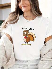 Women's Graphic Print T-Shirt, Lightweight Cotton, Summer Thanksgiving Turkey Print Oversized T-Shirt, Perfect For Outdoor Activities And Casual Wear. 220g Oversized Women's Printed T-Shirt, 100% Pure Cotton - 白色 - 查看 7
