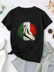Casual Round Neck T-Shirt With World Cup And Mexico Print, Limited Edition, Short Sleeve, National Flag Design, Sports Top, Women's Urban/Fashion Style Clothing, Lightweight Cotton. - 黑色 - 查看 12